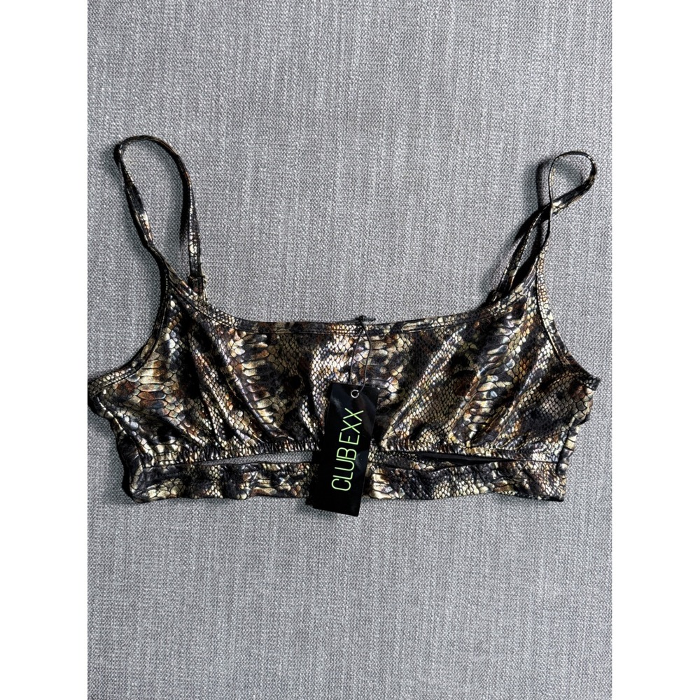Club Exx Dolls Kill Womens XXL Metallic Snakeskin Cutout Festival Crop Top Gold